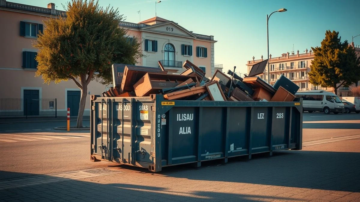 Metal container full of old furniture on an asphalted area, with a municipal building in the background