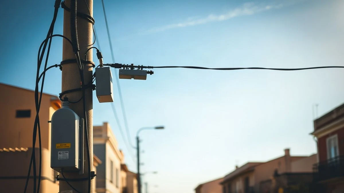 Imagen ilustrativa: poste eléctrico con cables y transformador en una calle de un pueblo español al atardecer.