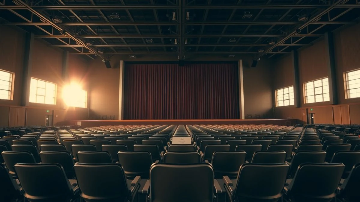 Illustrative image: an empty auditorium with a diploma on a chair, illuminated by natural light.