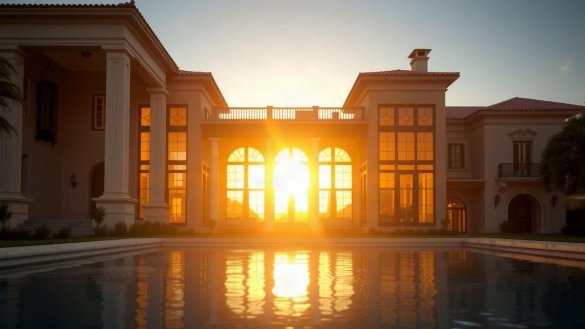 Imagen ilustrativa: una mansión de lujo con piscina al atardecer, con siluetas de palmeras y sombras largas.