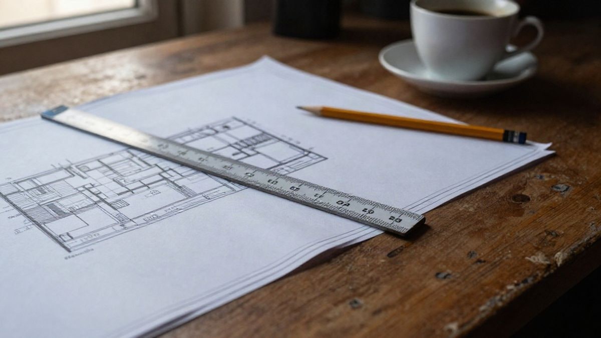 Imagen ilustrativa: planos de arquitectura y una regla de escala sobre una mesa de madera
