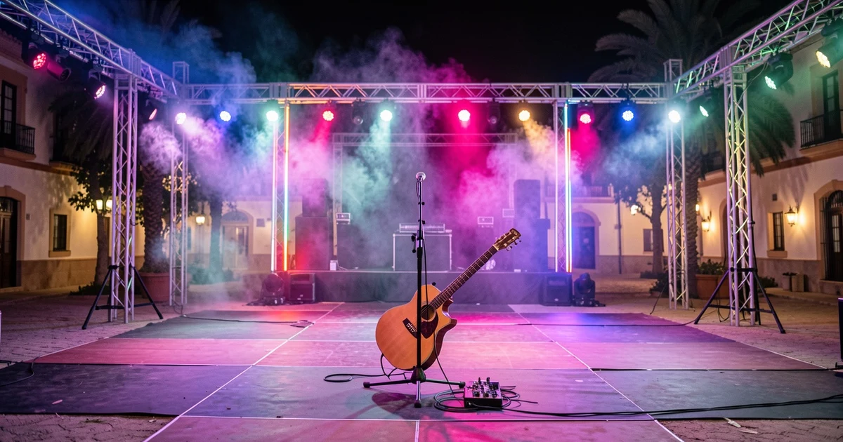 Escenario vacío con guitarra y micrófono en concierto nocturno
