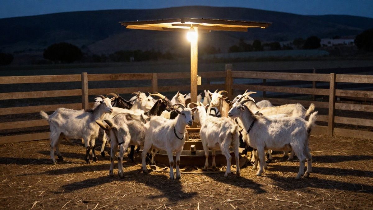 Imagen ilustrativa: rebaño de cabras en un corral rústico al atardecer bajo luz artificial