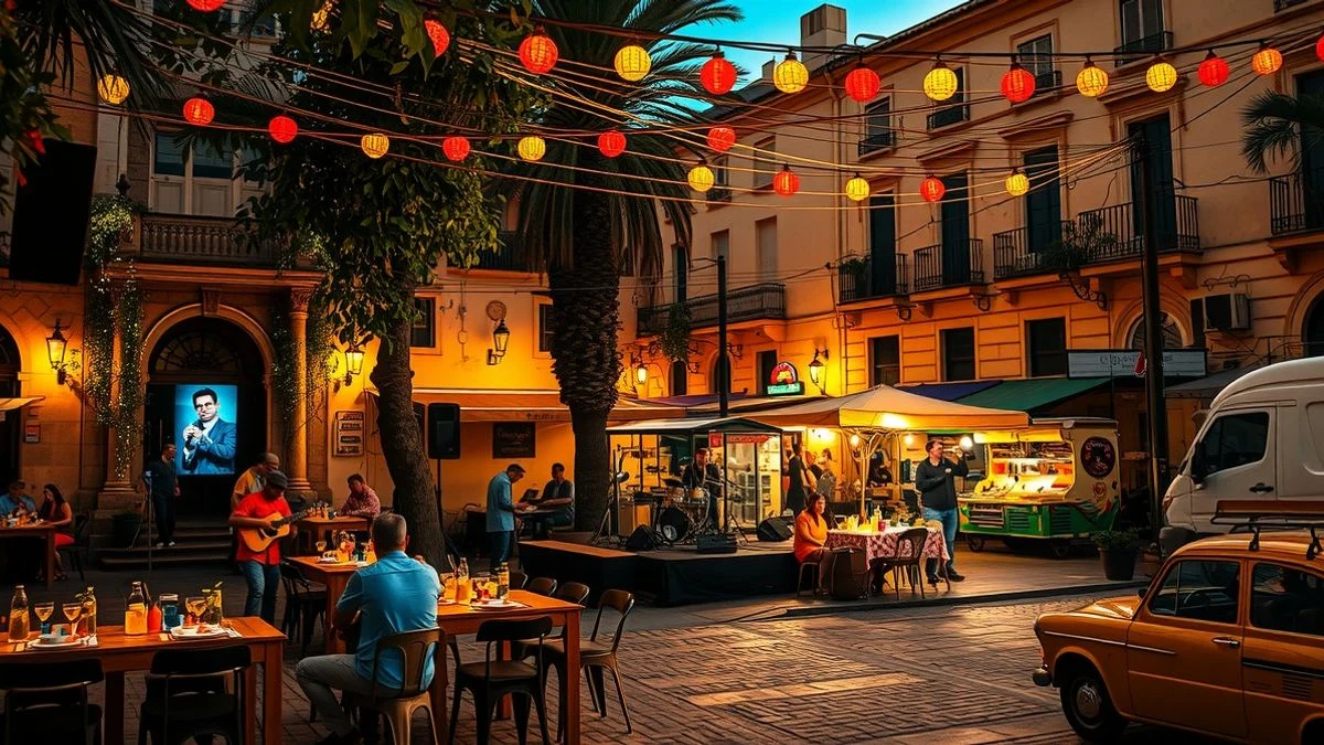Imagen ilustrativa: plaza andaluza decorada con luces y ambiente caribeño, con un escenario y puestos de comida al anochecer.