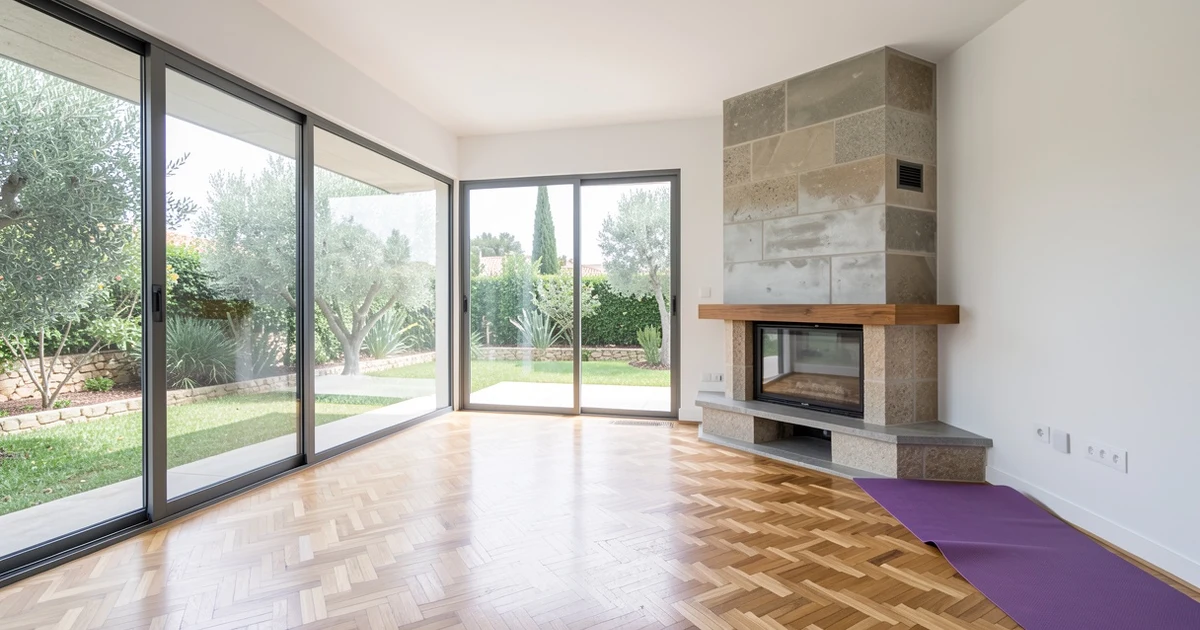 Salón minimalista con ventanales, chimenea de piedra y metal, y suelo de parqué