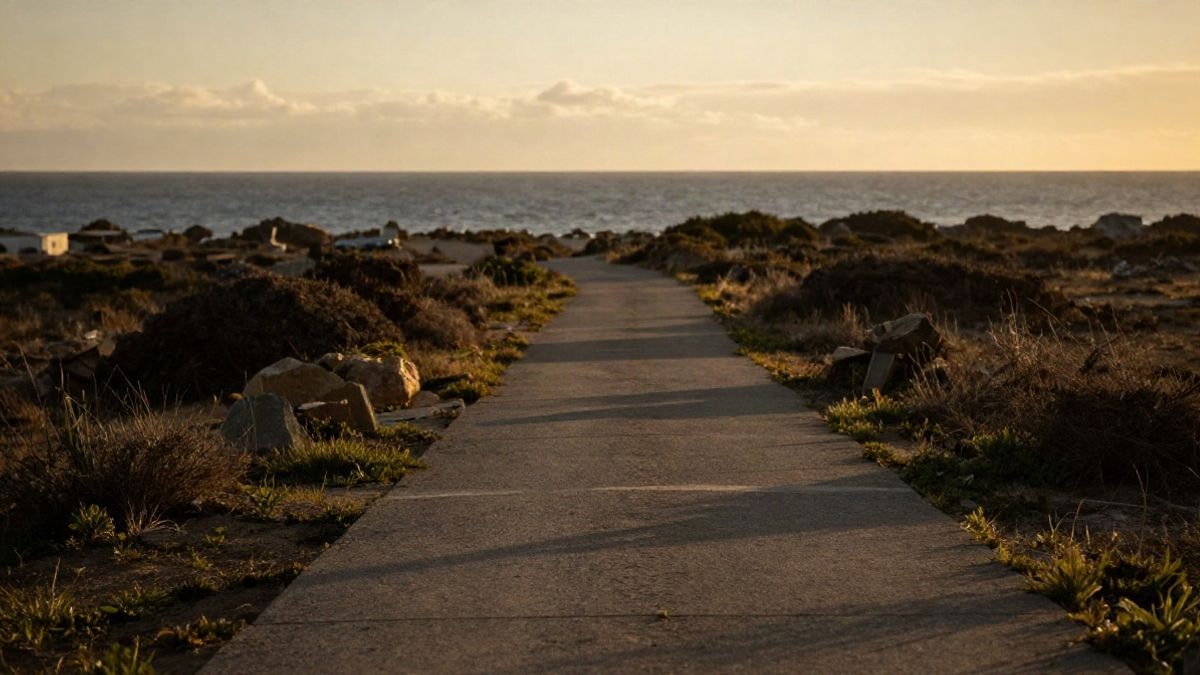 Imagen ilustrativa: un sendero costero al atardecer con líneas que convergen hacia el mar