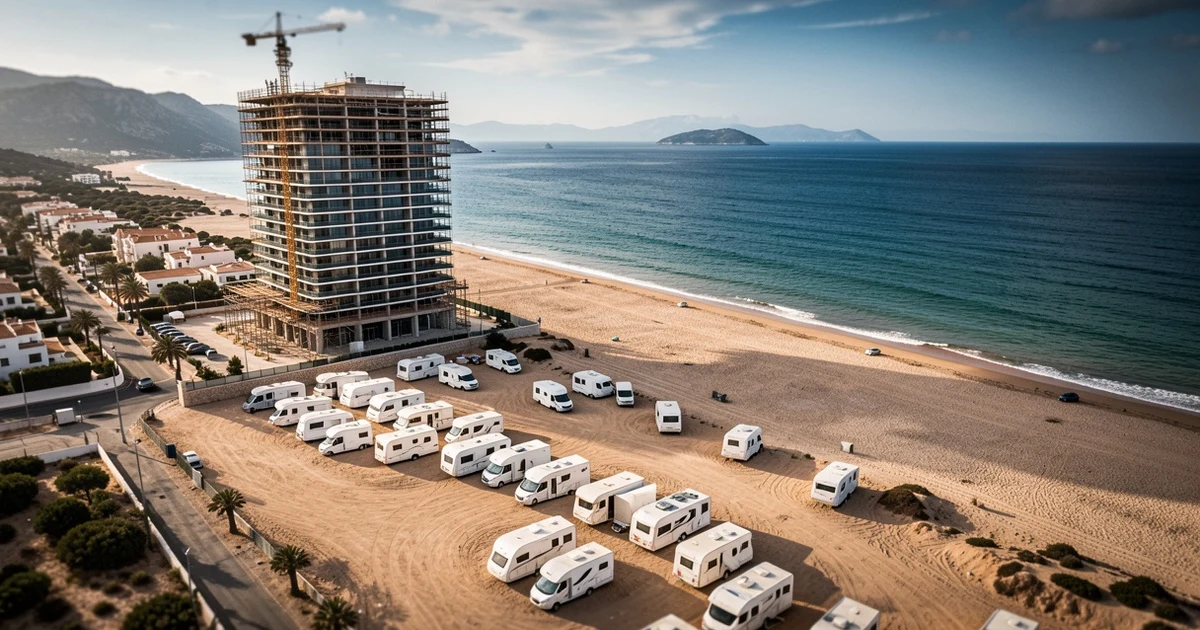 Vista aérea de caravanas aparcadas en un solar junto a la playa de Sacaba, con una torre de lujo en construcción al fondo