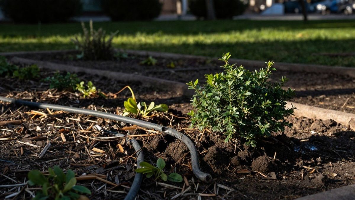 Imagen ilustrativa: detalle de tierra removida en un parterre con plantas y tubos de riego dañados