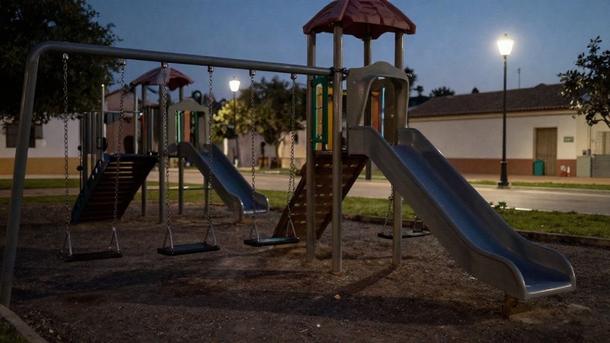 Illustrative image: an empty playground at sunset, with swings and a slide illuminated by streetlights.