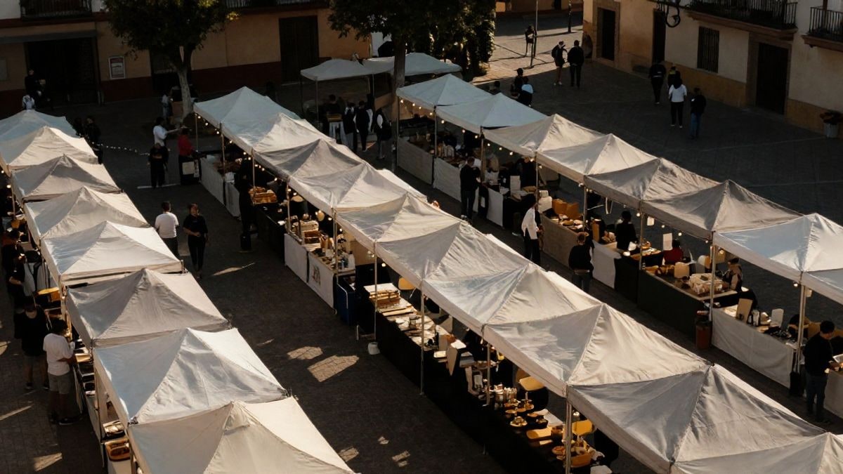 Imagen ilustrativa: vista cenital de un recinto ferial con casetas y puestos de comida al atardecer