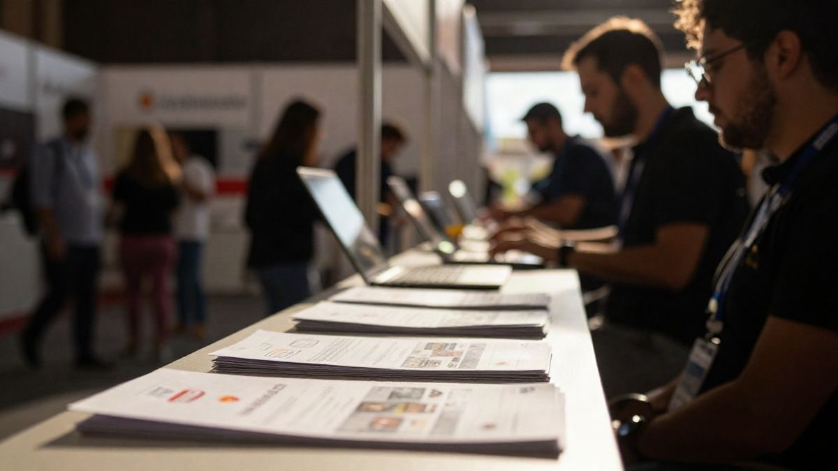 Imagen ilustrativa: mostrador de una feria profesional de turismo con folletos y un ordenador portátil