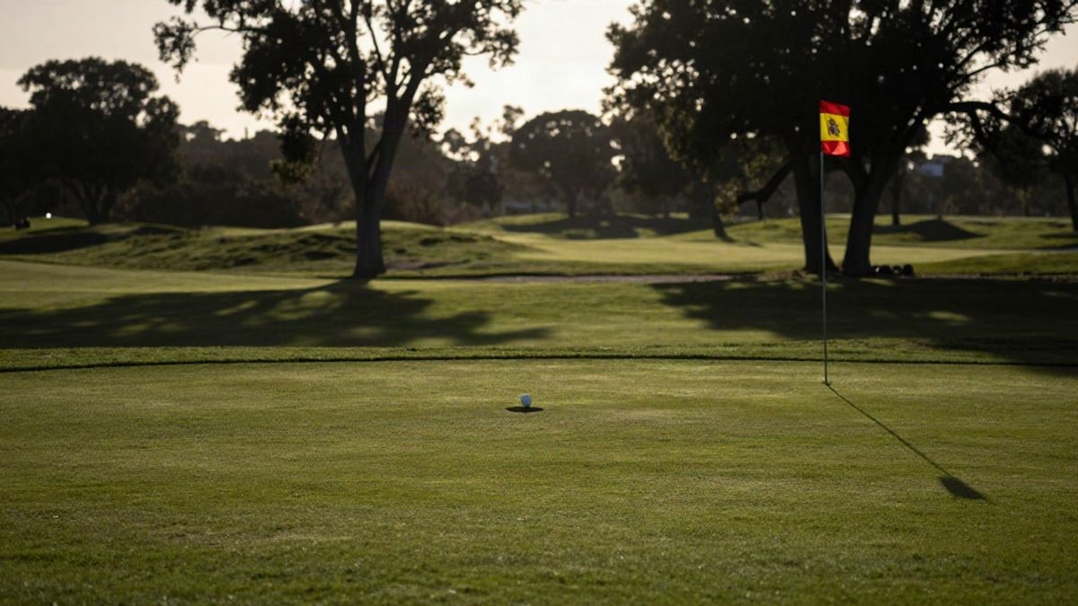 Imagen ilustrativa: contraluz al atardecer en un campo de golf con sombras largas y bandera de hoyo