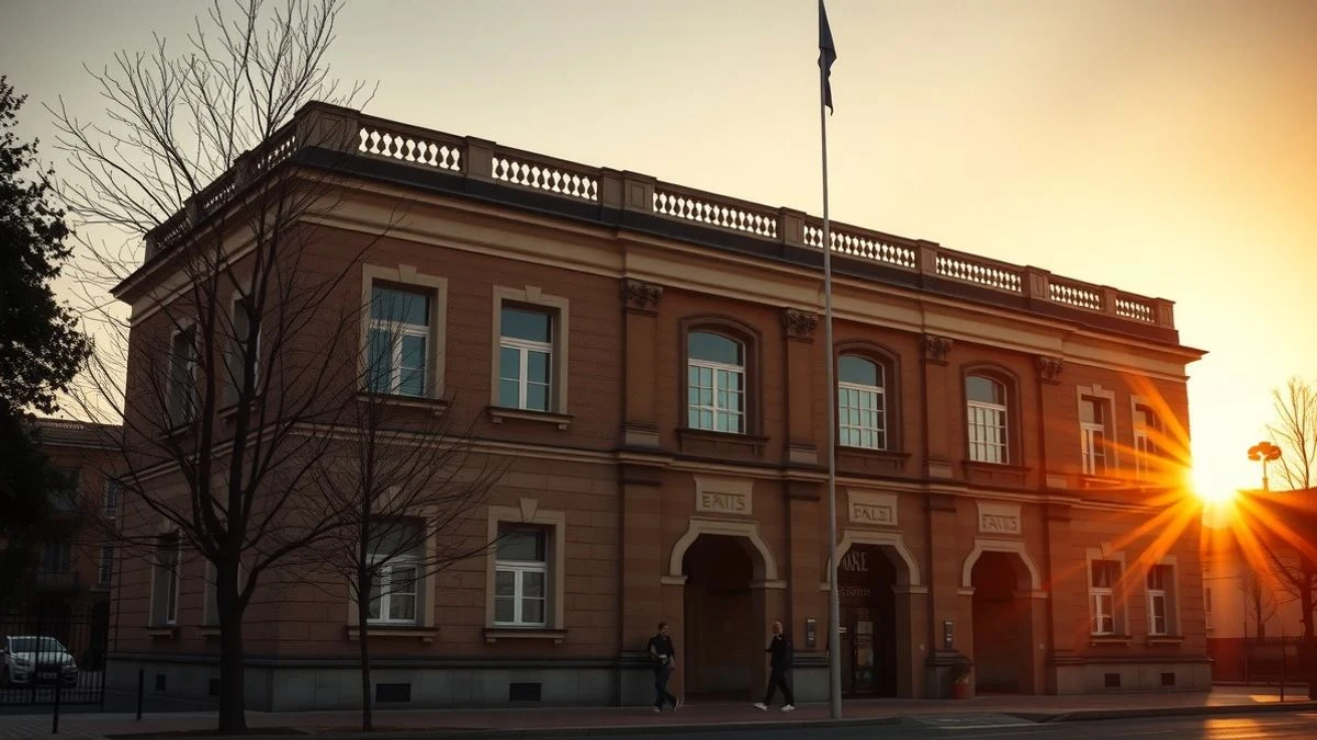 Imagen ilustrativa: fachada de un edificio institucional al atardecer, con siluetas y sombras largas.