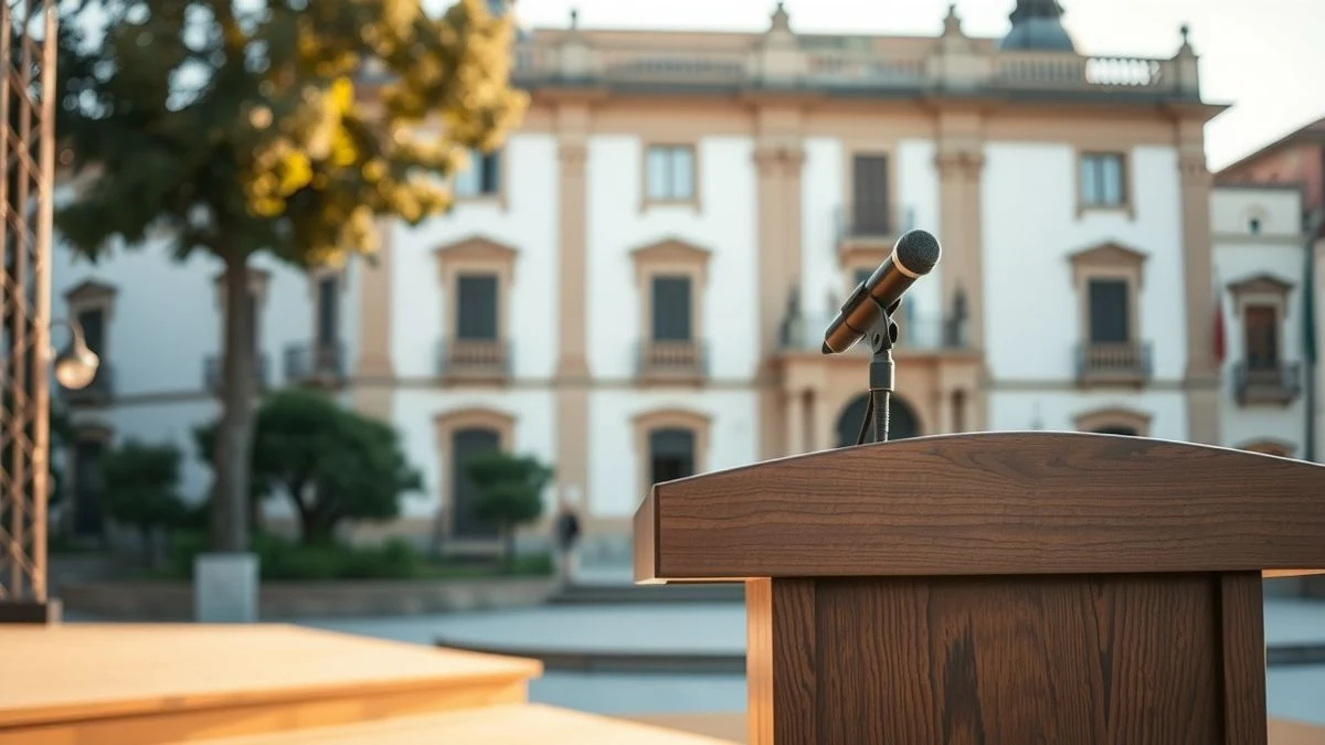 Atril de madera con micrófono en un escenario al aire libre, con el Ayuntamiento de Antequera al fondo desenfocado