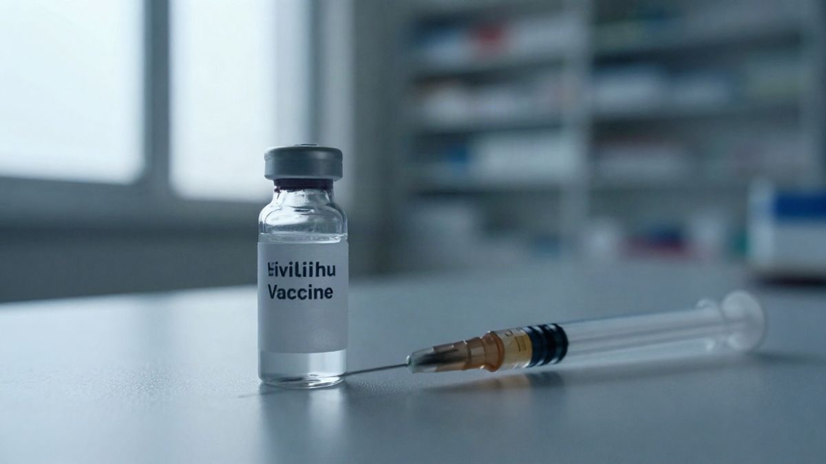 Illustrative image: close-up macro of a vaccine vial and a syringe on a clinical surface