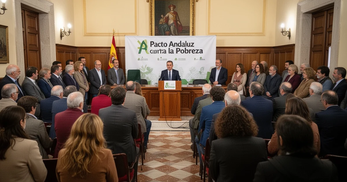 Acto institucional de Prolibertas en el Ayuntamiento de Antequera con asistentes y un cartel del Pacto Andaluz contra la Pobreza