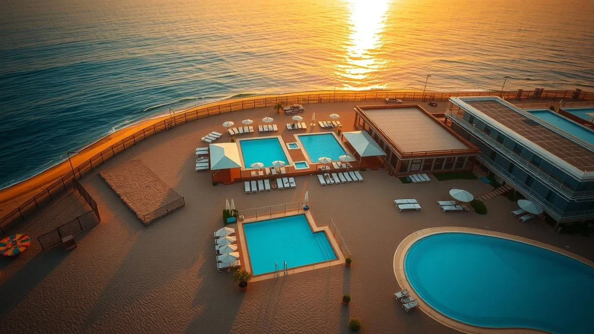 Imagen ilustrativa: vista aérea de un complejo hotelero en primera línea de playa en Torremolinos al atardecer, con piscinas y tumbonas vacías.