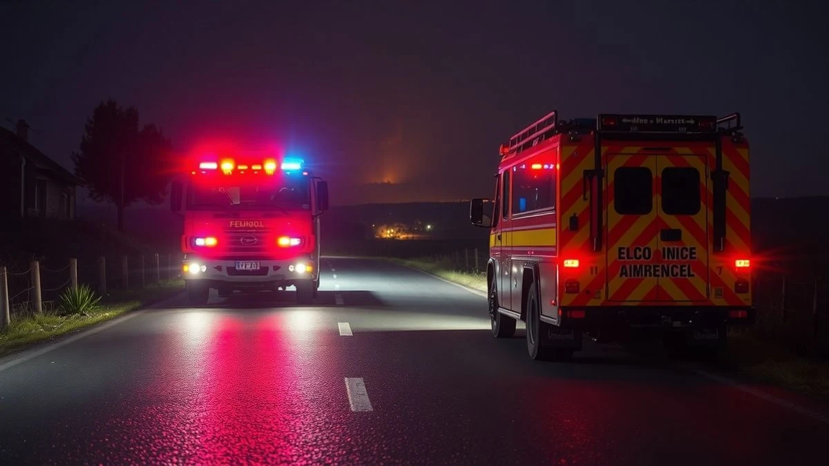 Illustrative image: a fire truck parked on a rural road at night, with the glow of a forest fire in the background.