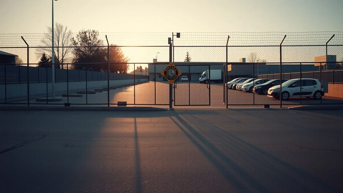 Illustrative image: an empty parking lot with a police seal on the entrance gate at sunset.