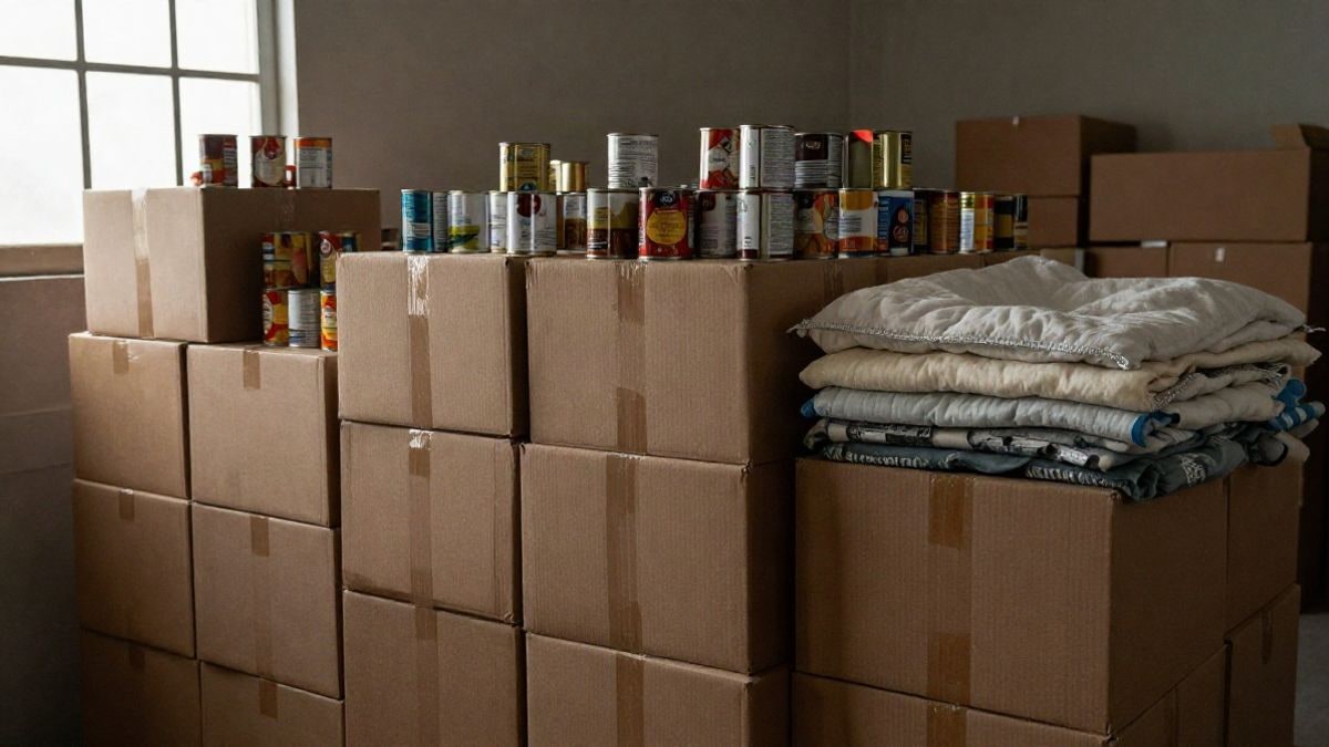Illustrative image: stacked boxes with food and blankets in a municipal warehouse