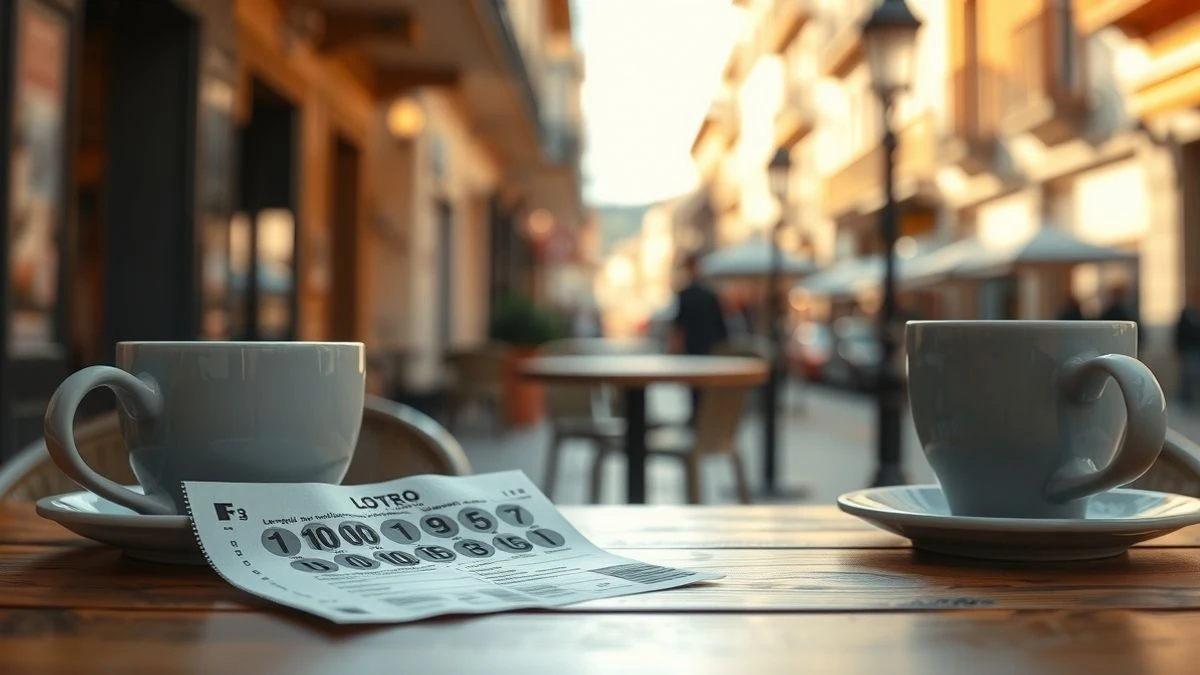 Cupón de la ONCE sobre una mesa de madera junto a una taza de café, al atardecer, en una calle de Fuengirola