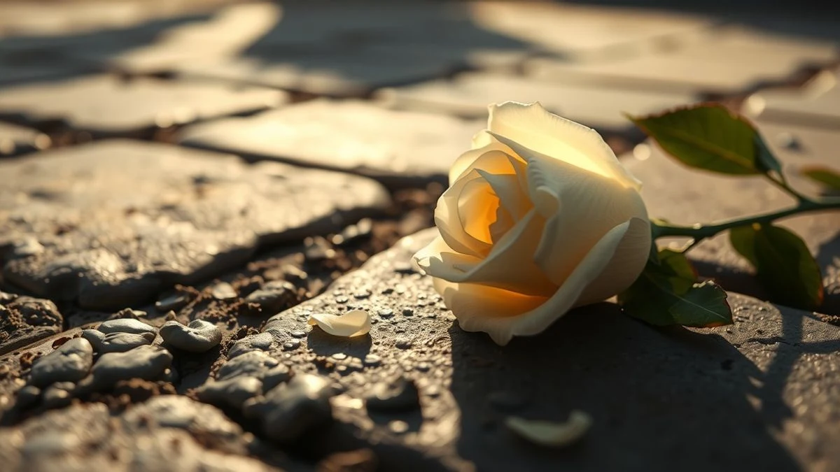 Imagen ilustrativa: una rosa blanca sobre el pavimento de piedra, con pétalos caídos y luz de atardecer, en una plaza vacía.