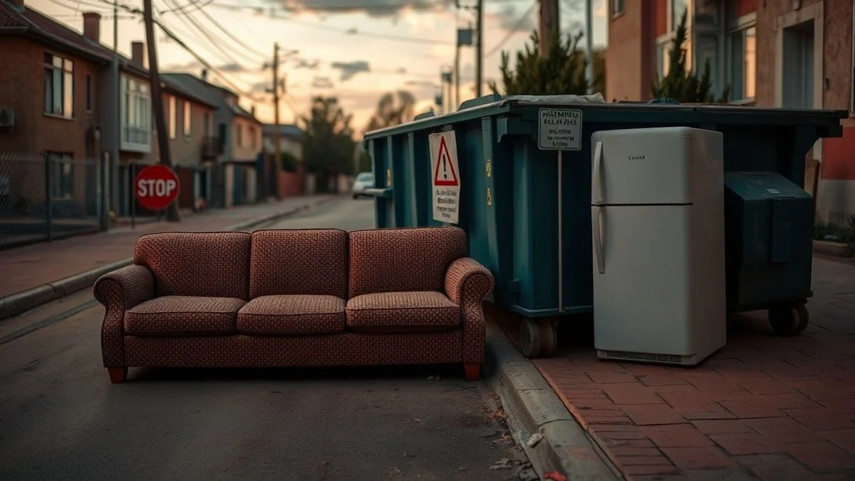 Illustrative image: an old sofa and fridge abandoned next to a container on a street at sunset
