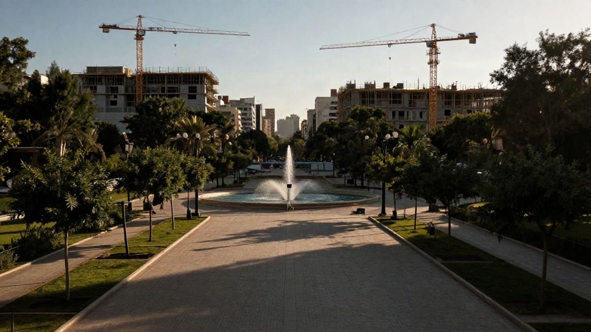 Imagen ilustrativa: un gran parque urbano en obras con caminos y árboles jóvenes al atardecer.