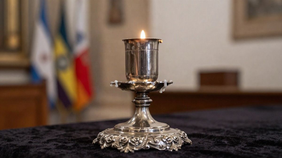Imagen ilustrativa: primer plano de un candelero procesional de plata sobre terciopelo oscuro