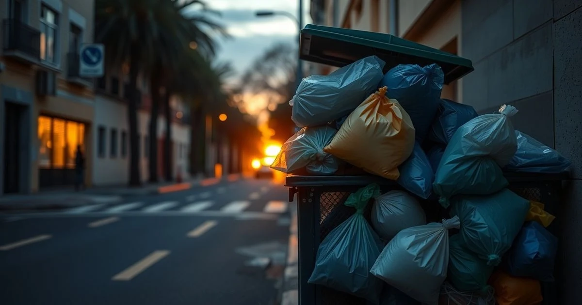 Overflowing rubbish bin on a street in Marbella at sunset