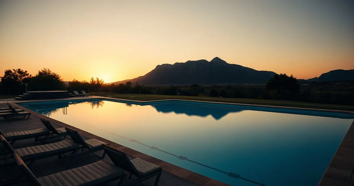Piscina de un club al atardecer con un escenario y hamacas, montaña al fondo, en Archidona