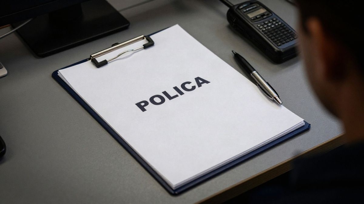 Imagen ilustrativa: vista cenital de una mesa de despacho policial con una carpeta cerrada y una radio
