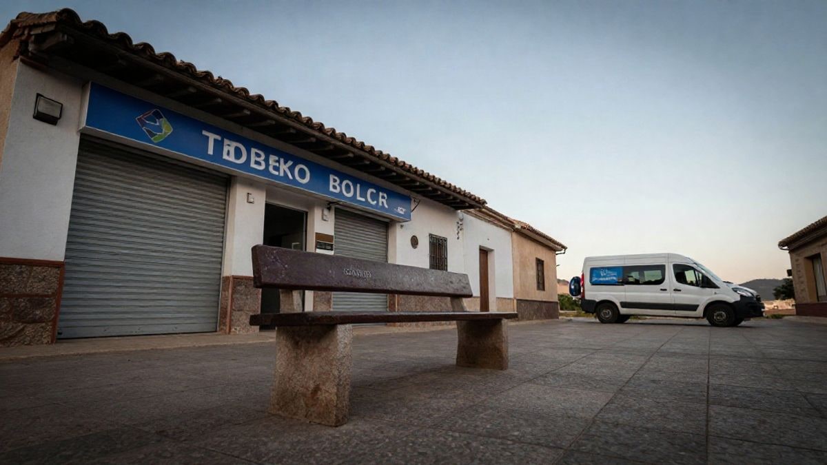 Imagen ilustrativa: ángulo bajo a ras de suelo de una plaza rural con un banco vacío y una oficina bancaria cerrada, con furgoneta móvil al fondo y cielo despejado