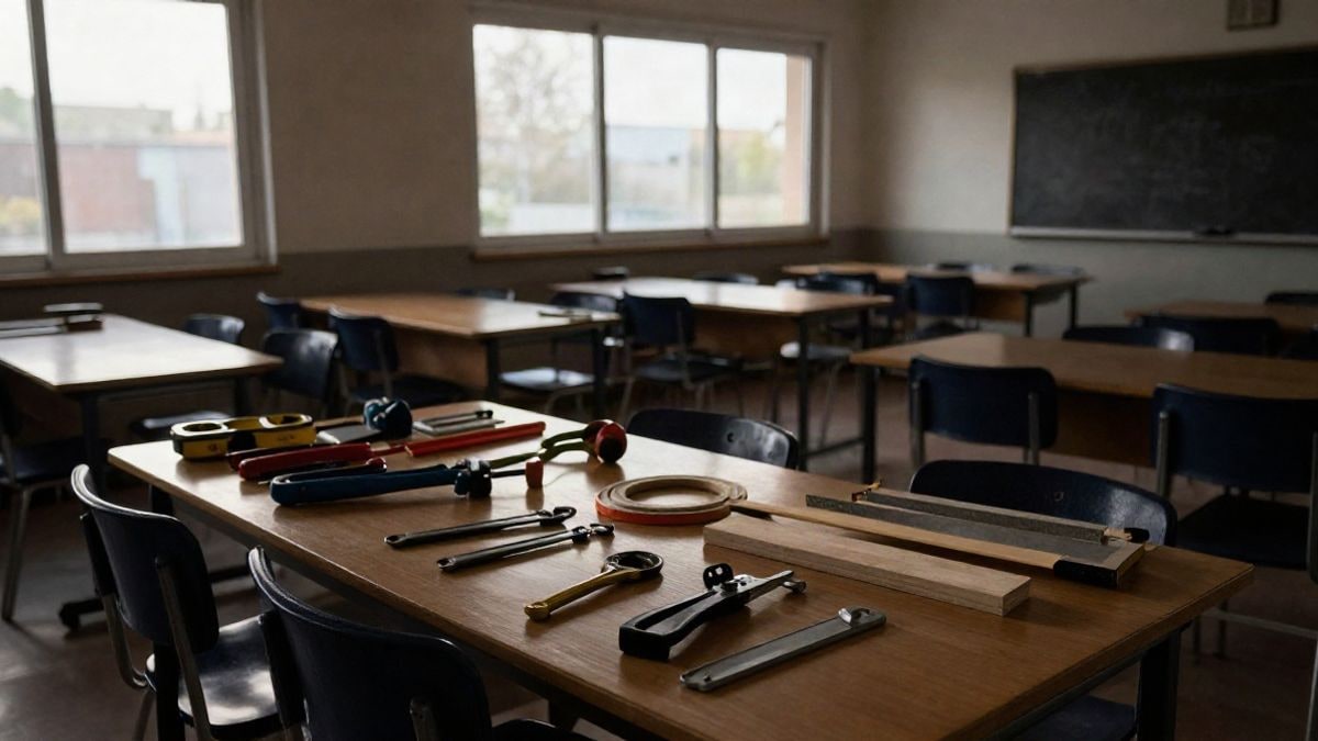 Illustrative image: vocational training classroom with empty tables and chairs next to a window