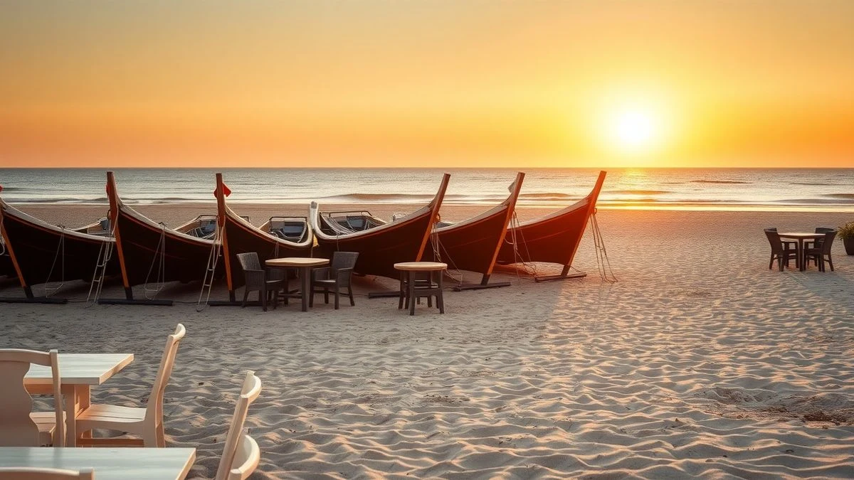Illustrative image: a beach at sunset with wooden boats stranded on the sand and empty tables, without people.