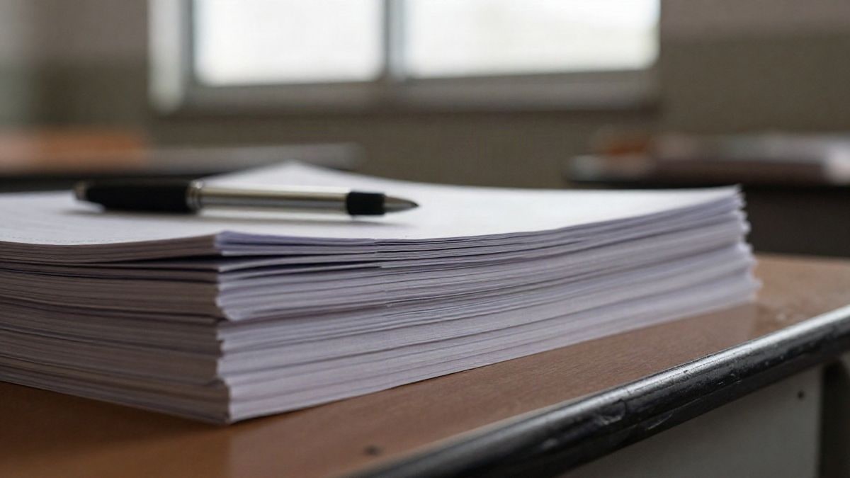 Illustrative image: notebooks and a pen on a classroom table with natural light