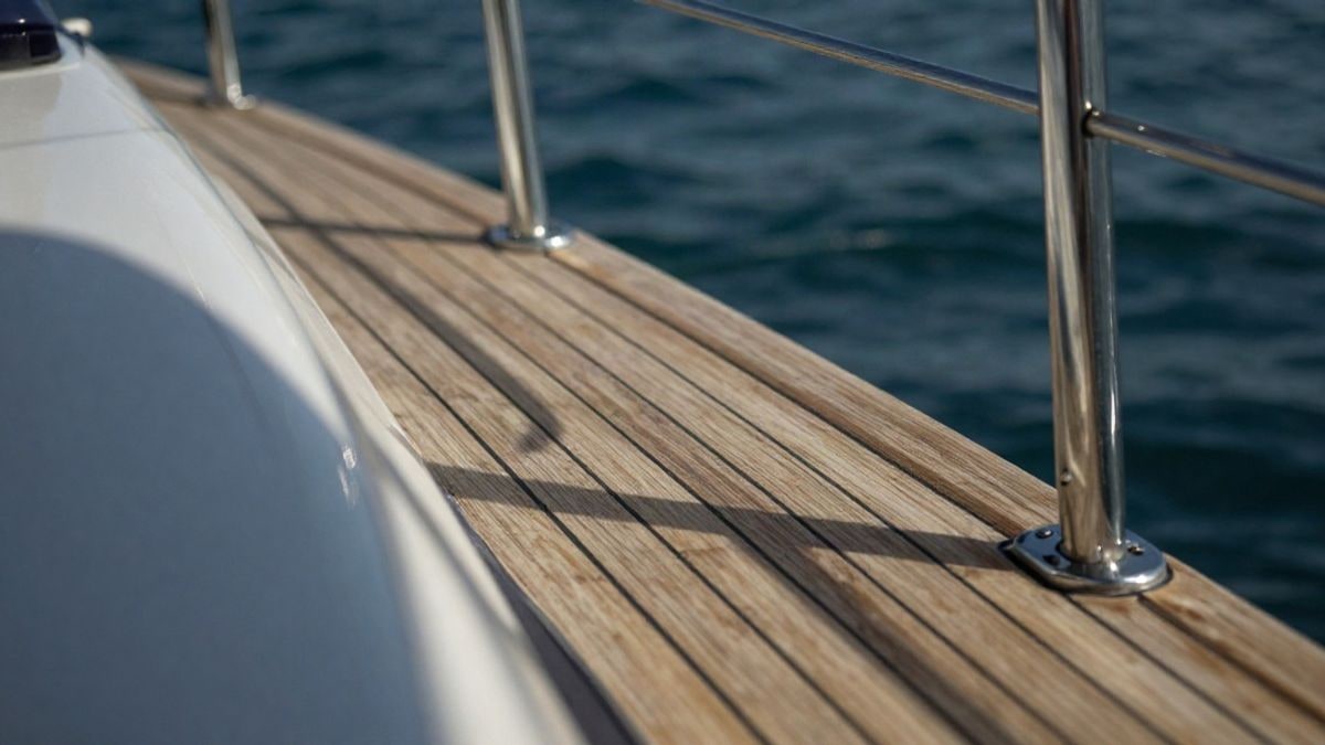 Illustrative image: detail of a wooden deck of a luxury yacht with stainless steel fittings