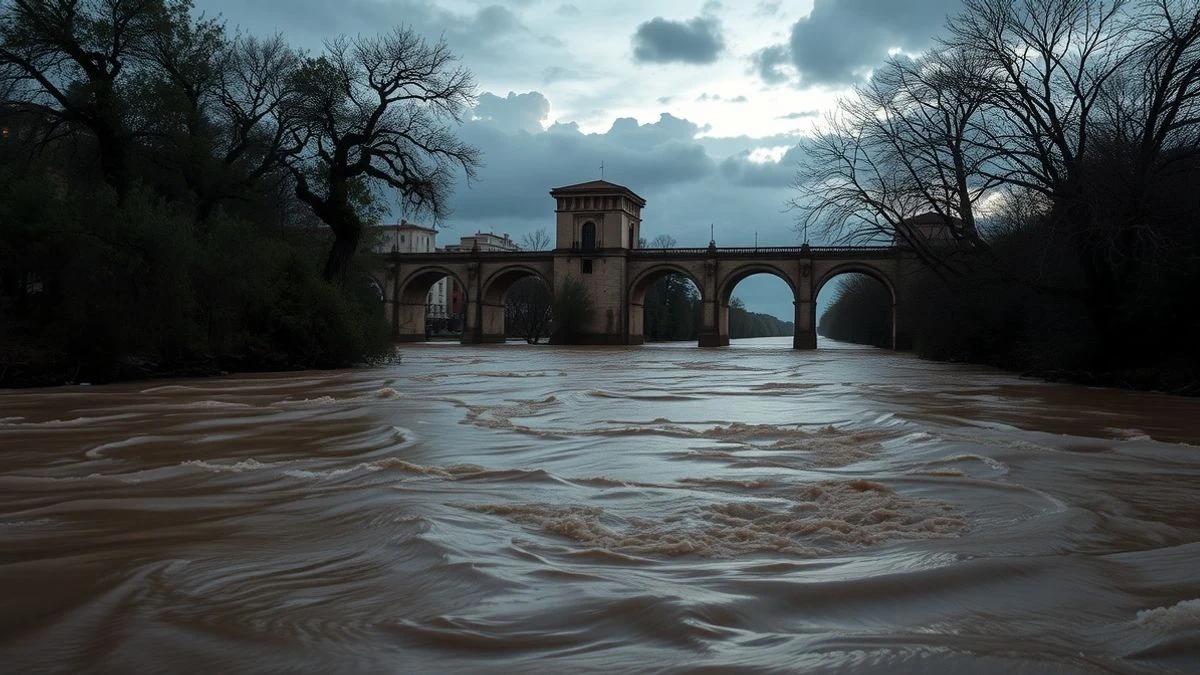 Imagen ilustrativa: un río crecido al atardecer, con agua turbia y un puente de piedra al fondo, bajo un cielo tormentoso.