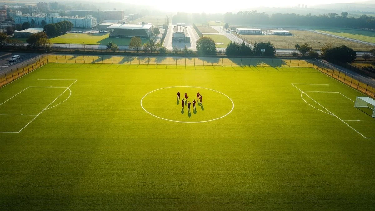 Imagen ilustrativa: vista aérea de un campo de fútbol en Marbella durante un entrenamiento de pretemporada