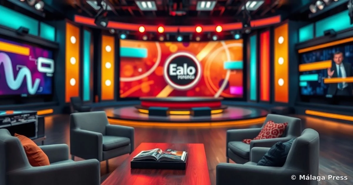 Plató de televisión vacío con sillas de presentadores y pantalla luminosa