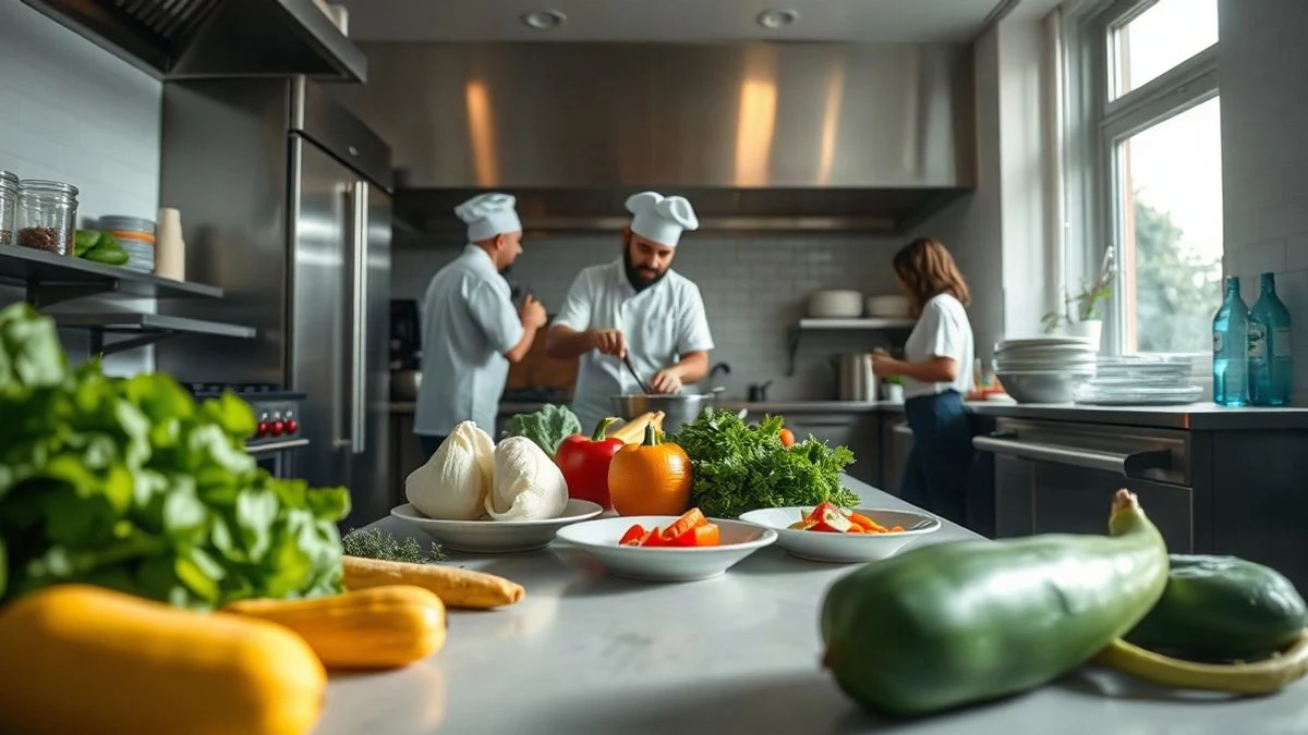Imagen ilustrativa: una cocina profesional vacía con ingredientes frescos sobre la encimera, vista desde arriba