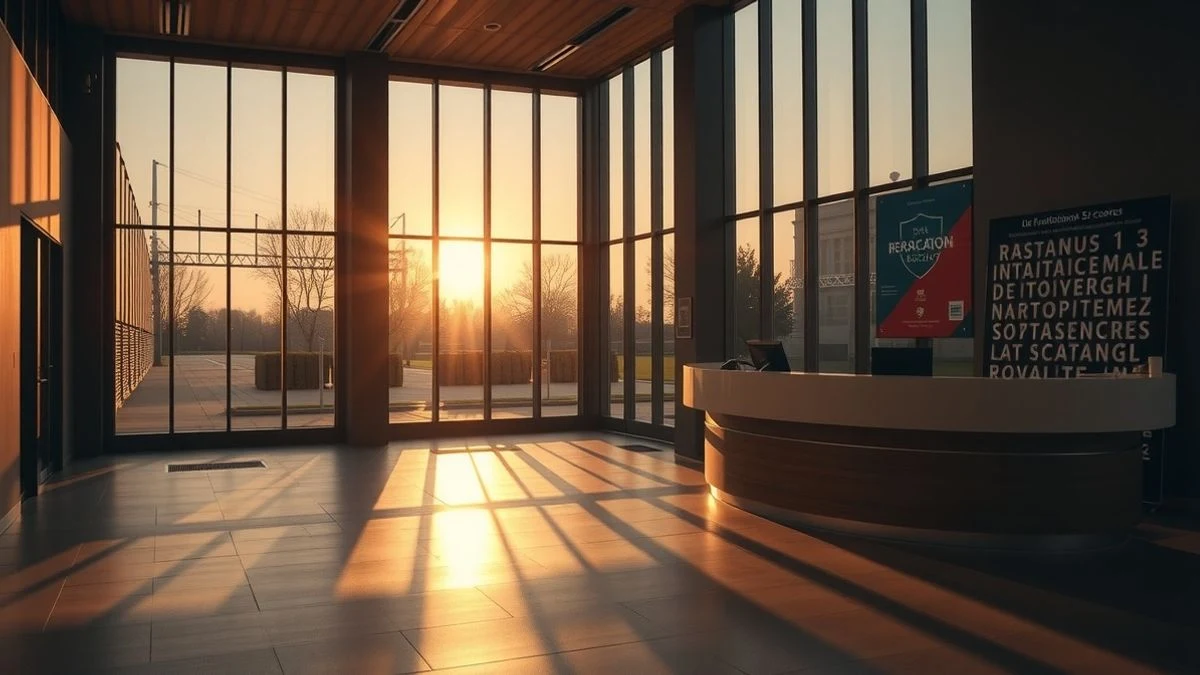 Imagen ilustrativa: interior de una estación de autobuses moderna al atardecer, con luz cálida y sombras largas, mostrando un mostrador de atención vacío.