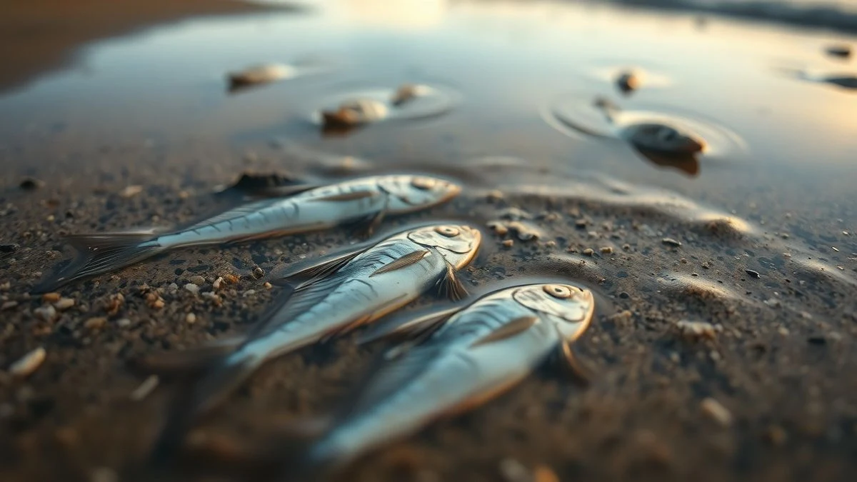 Imagen ilustrativa: primeros planos de peces muertos flotando en el agua cerca de la desembocadura de un río.