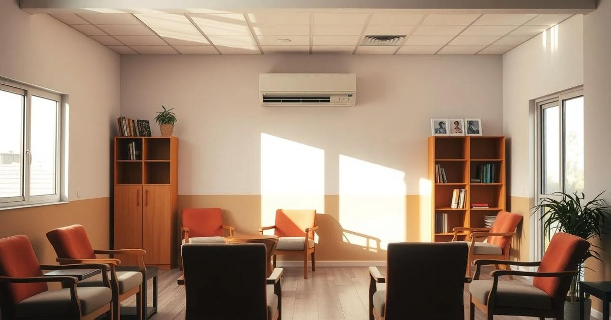 Interior vacío de un centro de mayores con luz de tarde, sillones y estantería