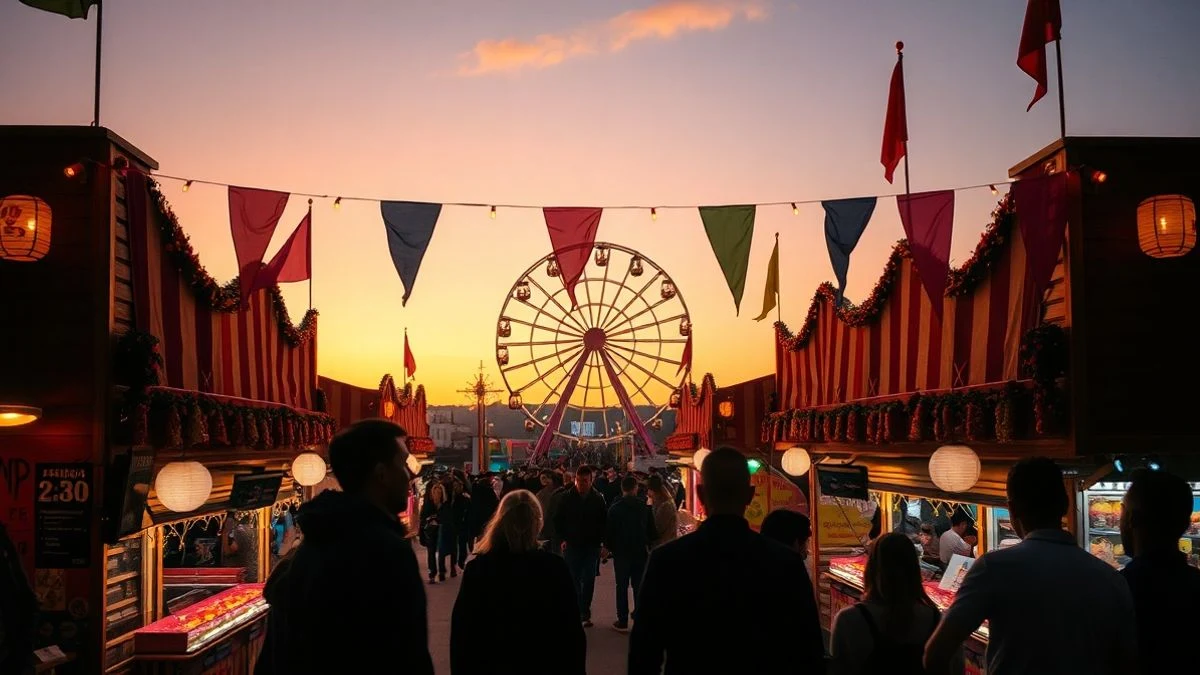 Imagen ilustrativa: un recinto ferial al atardecer con luces de colores y una noria al fondo, ambiente festivo.