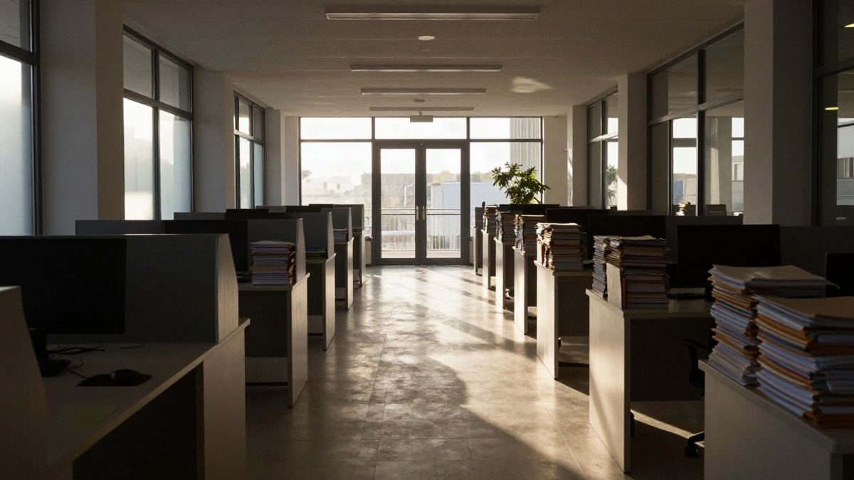 Imagen ilustrativa: pasillo de oficinas municipales con carpetas apiladas y luz de tarde entrando por los ventanales