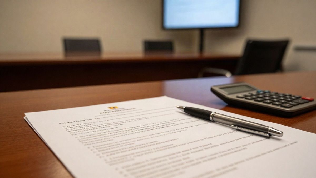 Imagen ilustrativa: escritorio con documentos oficiales y calculadora en una sala de reuniones vacía