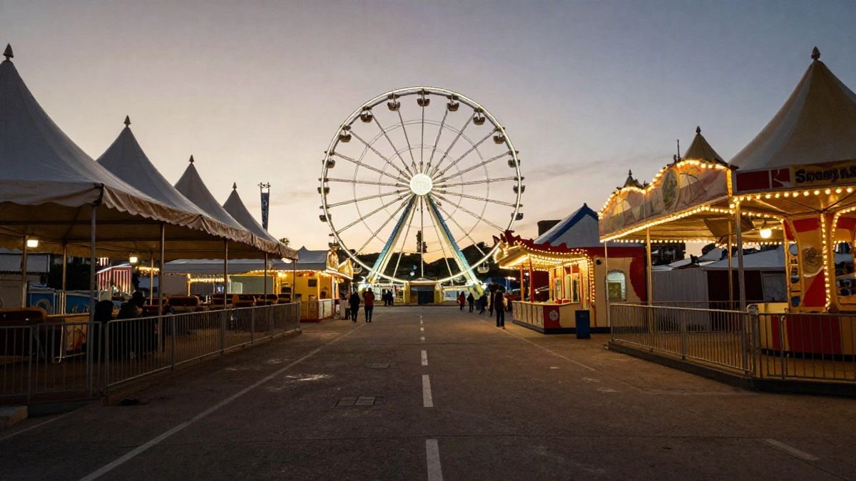 Illustrative image: wide-angle of a fairground with a Ferris wheel and booths at sunset