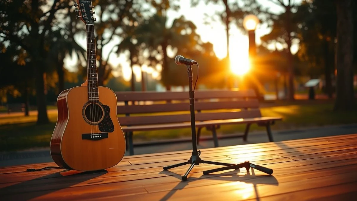 Illustrative image: an outdoor stage with a microphone and guitar, in a park illuminated by sunset light.
