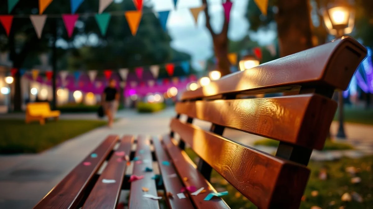 Illustrative image: empty wooden bench in a park with festive lights in the background